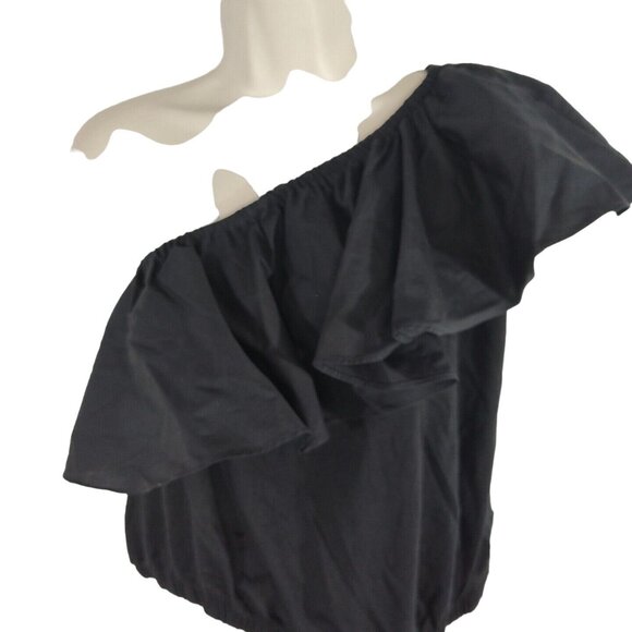 A New Day Black One Shoulder Crop Top Women Size XS Ruffle Neckline Banded Hem - Picture 2 of 8